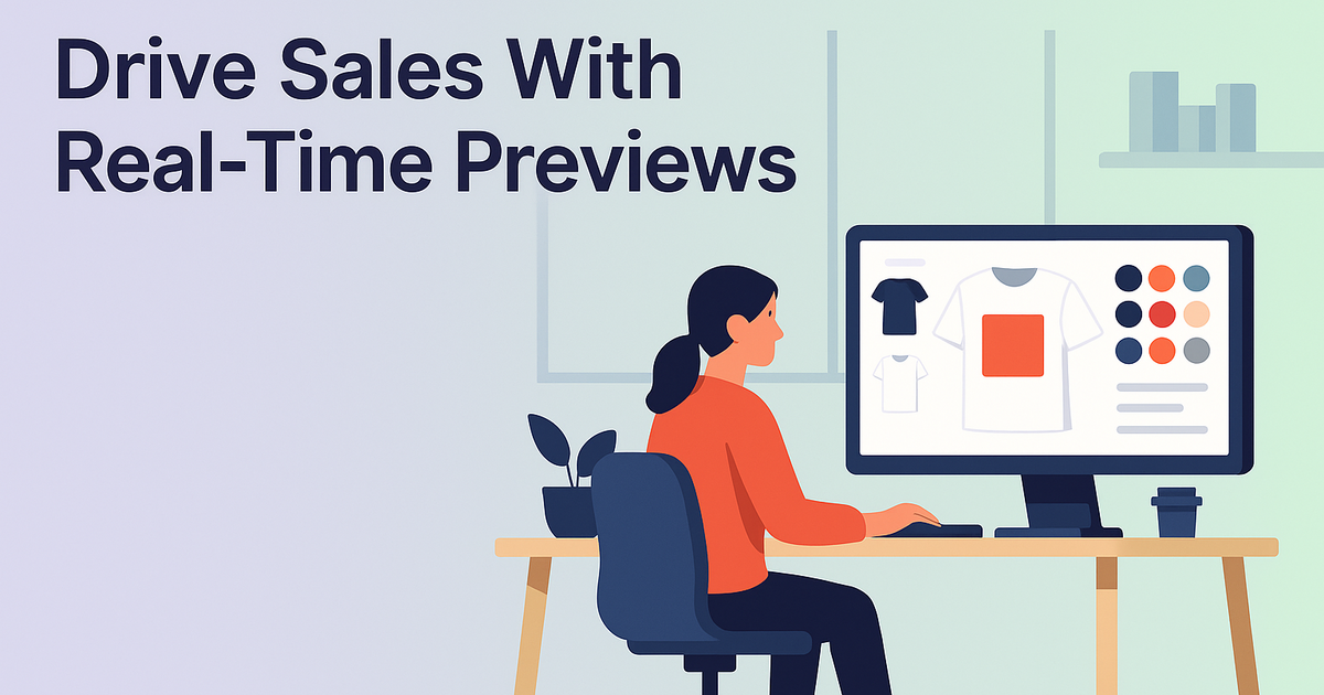Apparel configurator shows real-time preview for increased sales and lower returns, featuring a clean modern workspace and pastel gradient.