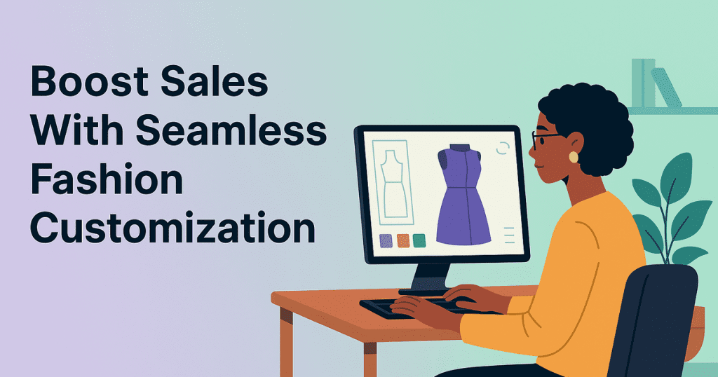 Independent designer uses 3D fashion software with pastel background, highlighting efficient, intuitive, and seamless customization tools.