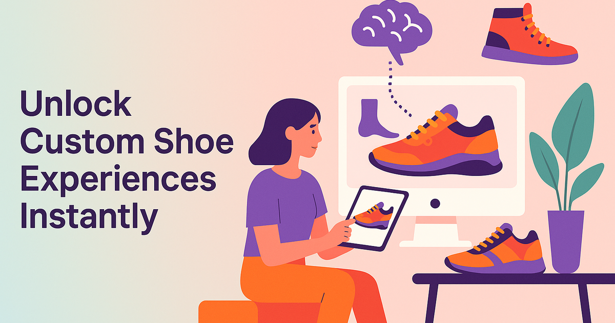 Flat vector of AI shoe customization in a modern studio, right-aligned, on pastel gradient background, visualizing 2025 footwear trends