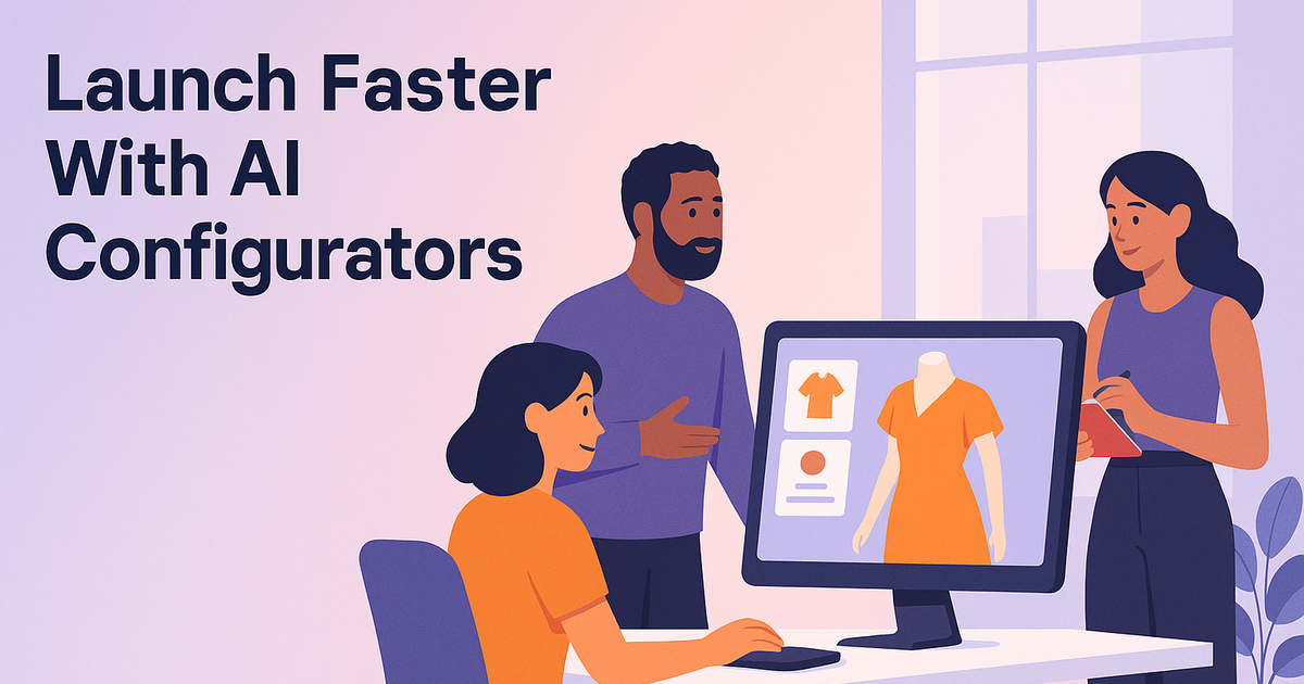 Fashion team uses AI configurator with 3D preview; modern studio, pastel background, showcasing faster, sustainable product launches.