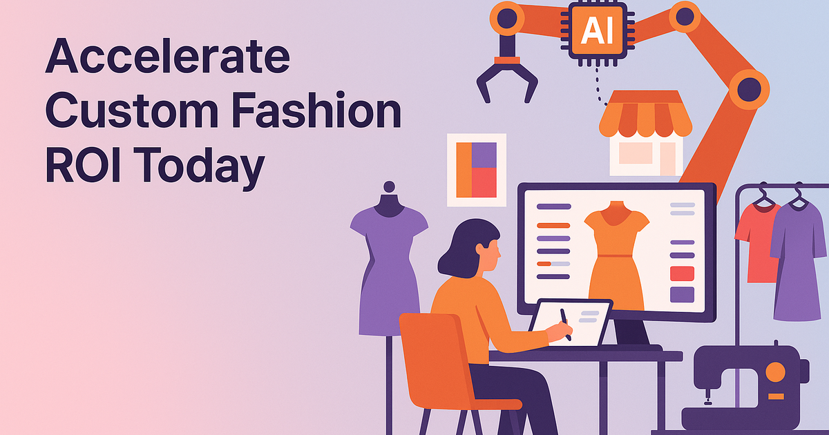 Flat vector of AI-driven fashion design workflow in a bright studio, symbolizing faster, sustainable, more personalized results
