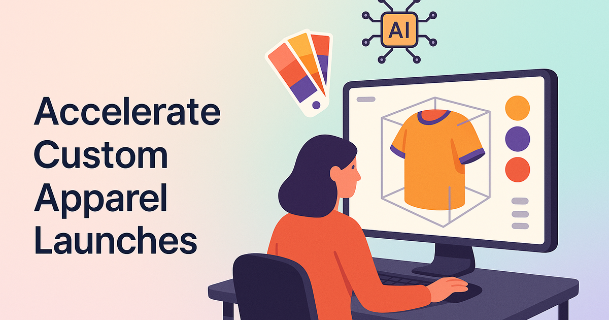AI-powered apparel customization speeds design with real-time 3D previews in a sleek, modern studio, pastel gradient background.