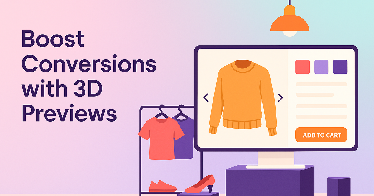 Fashion configurator streamlining orders with high-quality 3D previews in a modern studio, left side faded with soft pastels