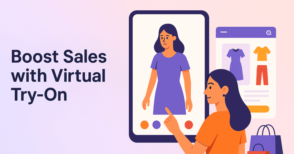 Virtual try-on tool displayed in a modern fashion ecommerce setting, highlighting increased sales and lower returns.