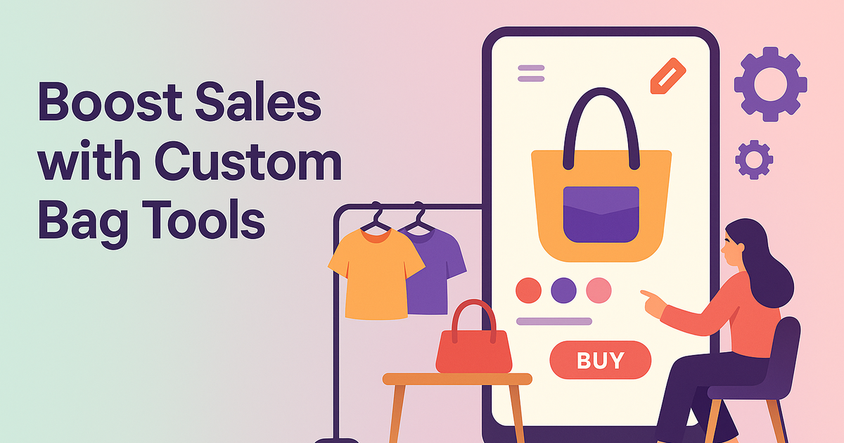 Custom bag design tool interface on mobile with real-time preview in modern workspace, pastel background, clean and minimalist style