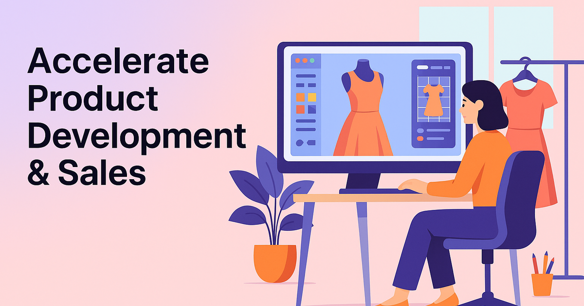 3D fashion design tools with real-time previews in a sleek workspace, highlighting seamless startup product development and e-commerce connection.