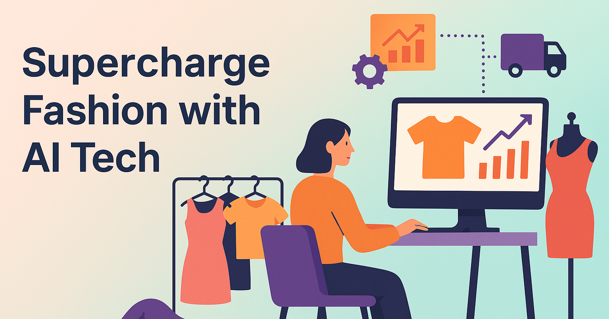 Vector of AI-powered software analyzing fashion supply chain in a sleek studio, with pastel background and modern tech elements.