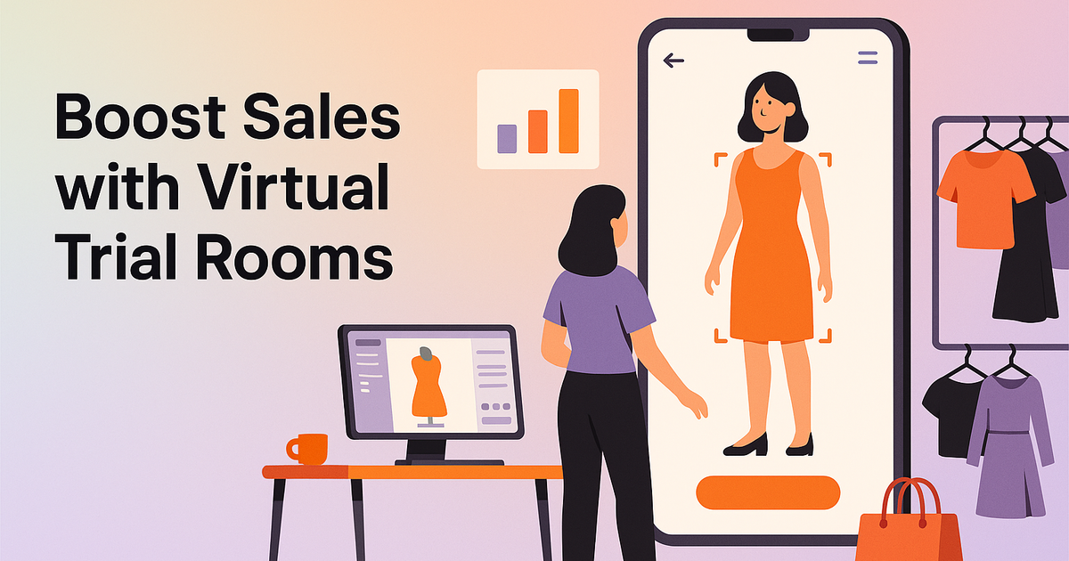 AR-powered virtual trial room boosts apparel sales and customer trust, shown in a modern workspace with pastel gradients