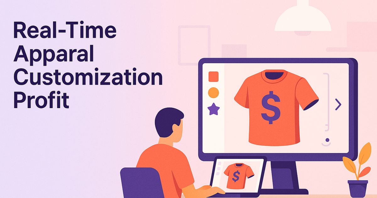 Illustration of real-time 3D apparel customization in a sleek studio, showing software streamlining workflow on a pastel gradient background.